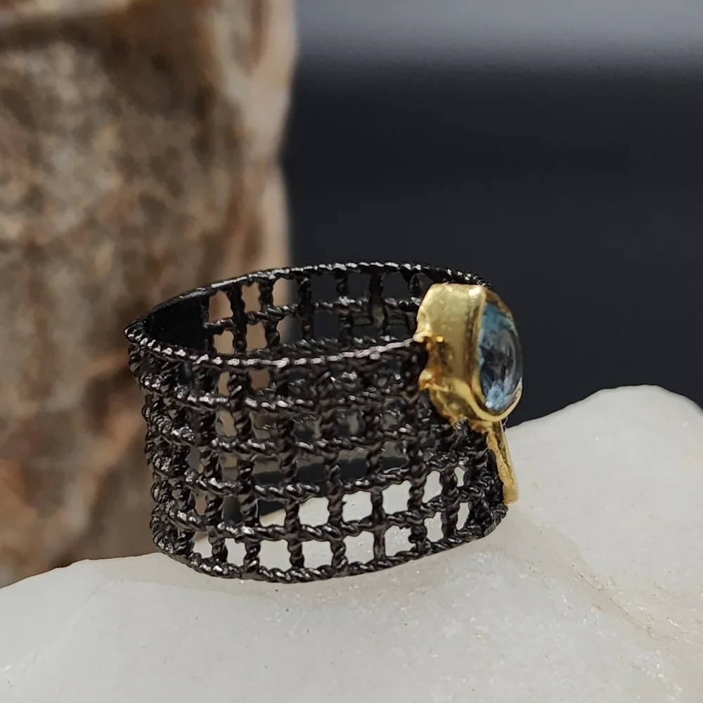Sterling Silver 925 Black Rhodium 14k Gold Ring Genuine Blue Topaz